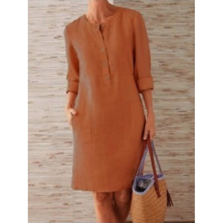 Women loose-fitting linen-look dress with three-quarter sleeves, button placket and side pockets Amarae