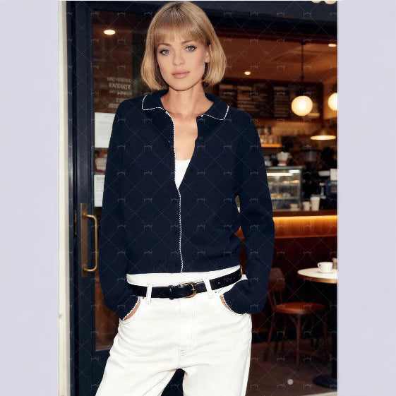 Knit jacket for women with an elegant Mao collar and fine button details Lune London