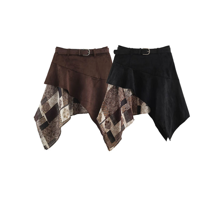 Women's Asymmetric Patchwork Wrap Skirt with Waist Belt and Layered Look Amarae