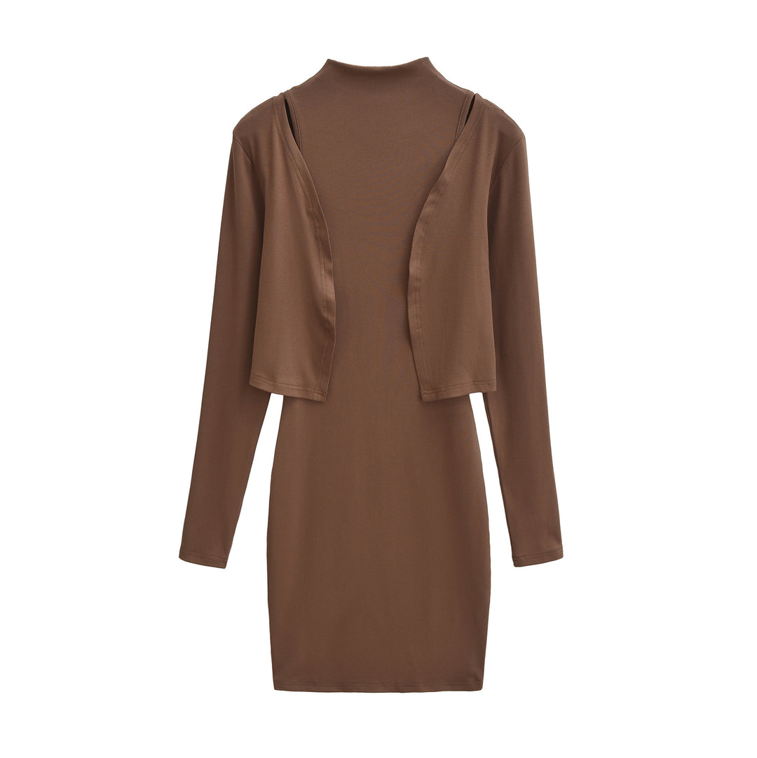Ladies Figured Close-Fitting Midi Dress with Integrated Bolero and Stand-Up Collar Amarae