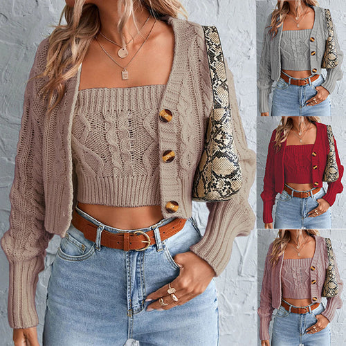 Casual knit set for women with open jacket and crop top Amarae