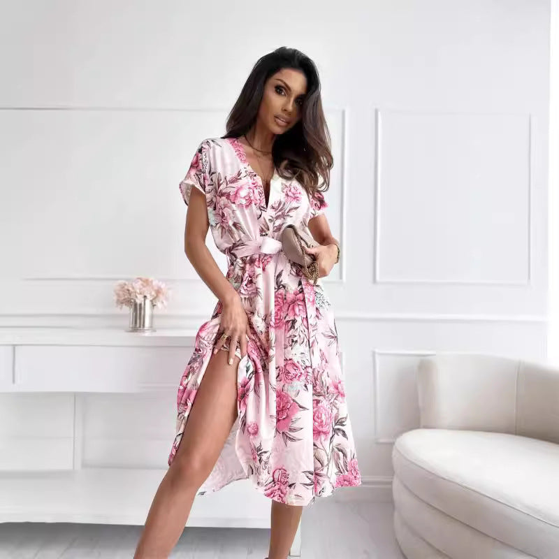 Midi floral pattern dress for women with a tie belt Lune London