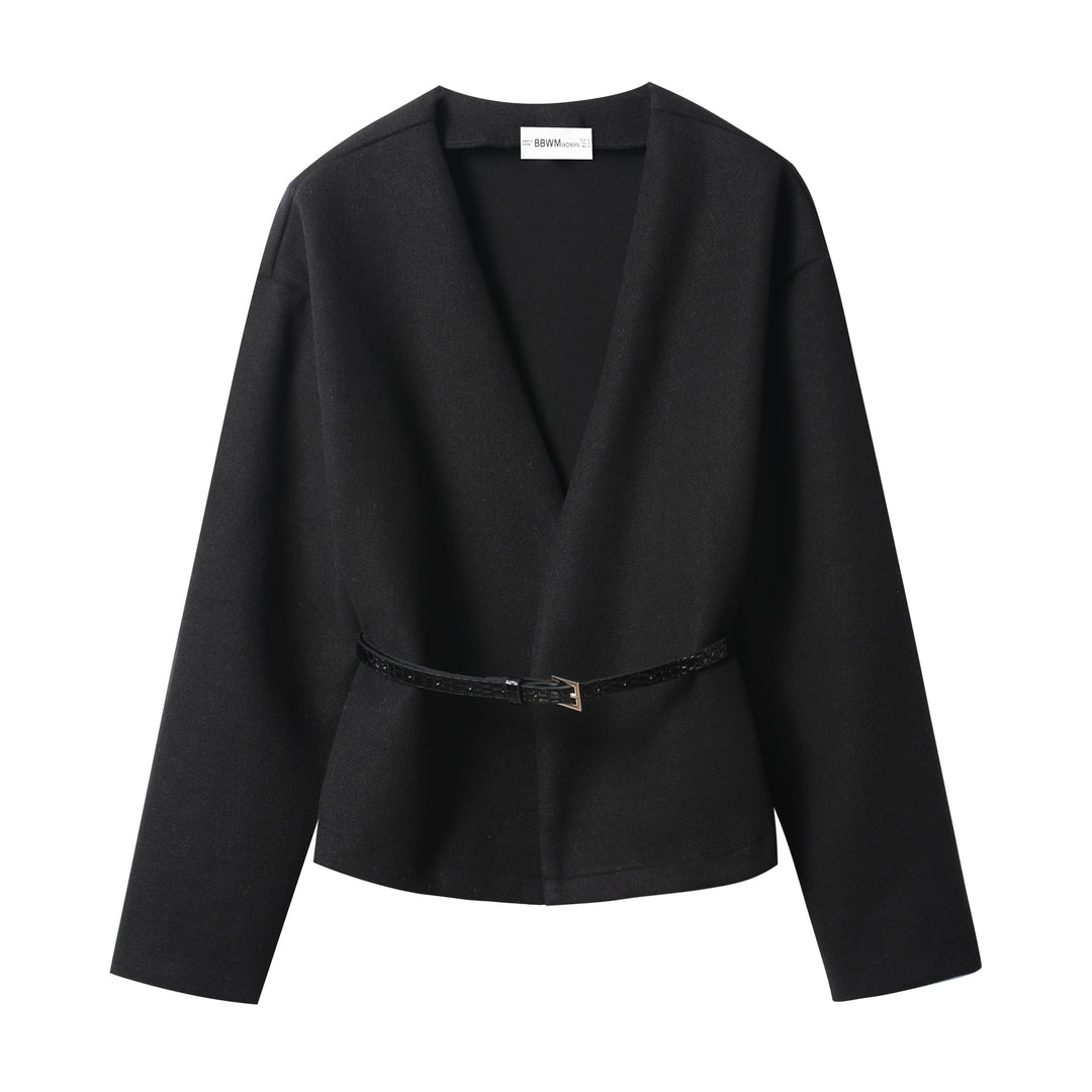 Women's short wrap coat made of wool blend with deep shawl collar and narrow waist belt Amarae