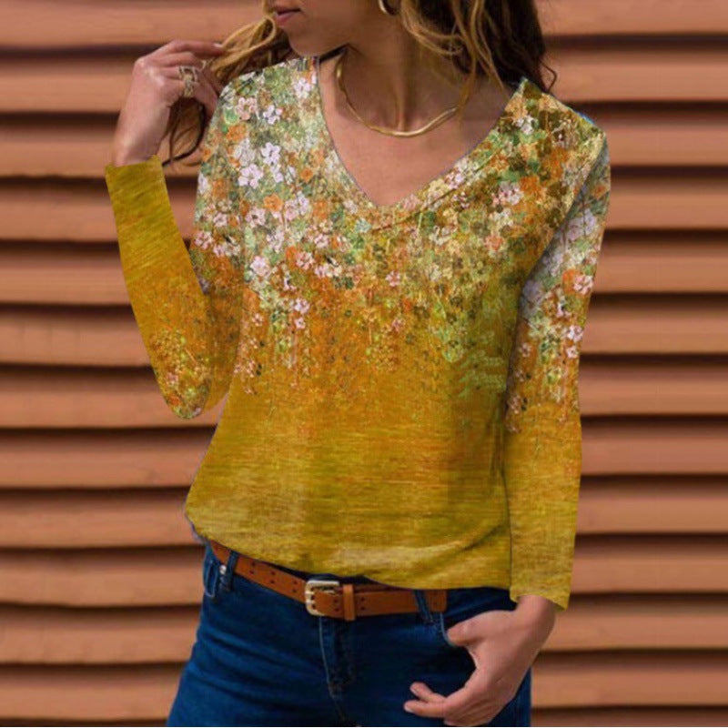 Women Long Sleeve V-Neck Tunic with Floral Watercolor Print and Light Jersey Quality Amarae