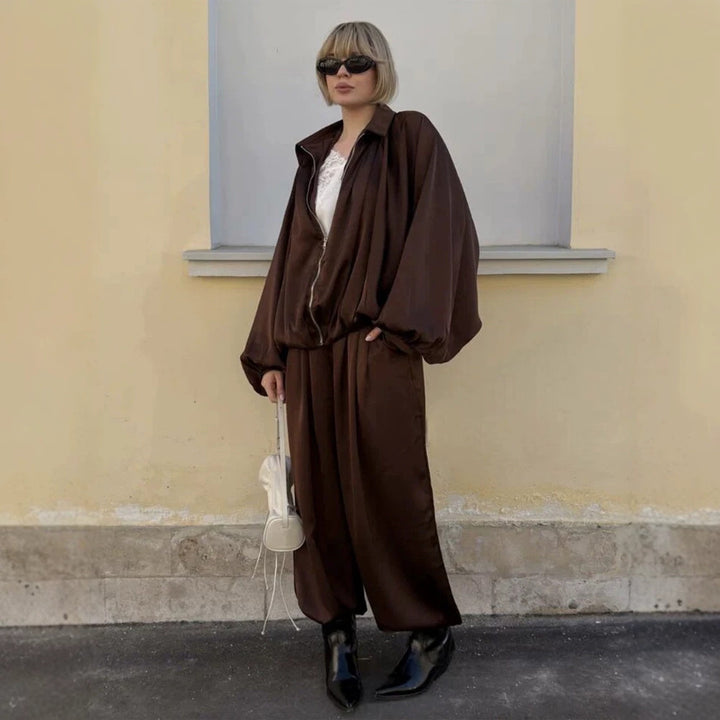Women Elegant Satin Two-Piece Set with Oversize Blouse and Wide Palazzo Pants Amarae