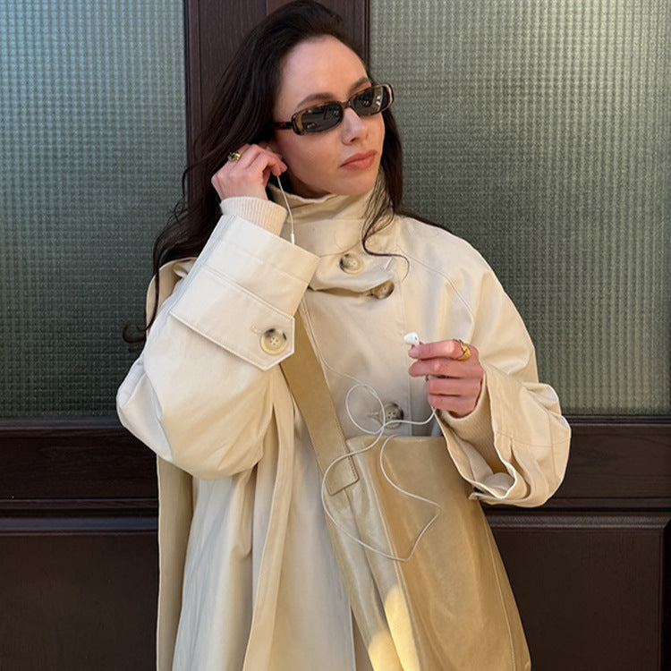 Ladies Short Oversize Trench Coat with High Stand-Up Collar, Concealed Button Placket & Wide Cuffs Amarae