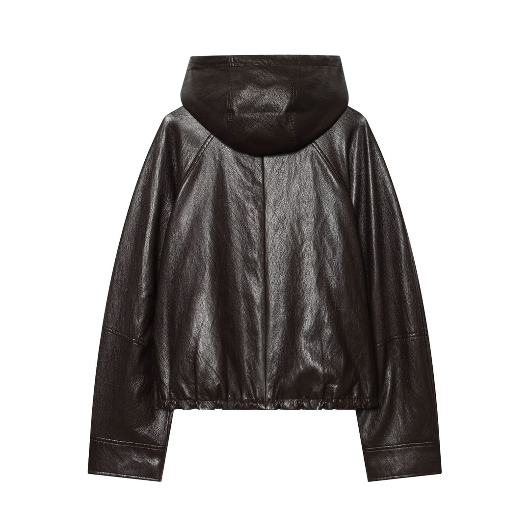Women's Short Hooded Leather Look Bomber Jacket with Drawstring Hem Amarae