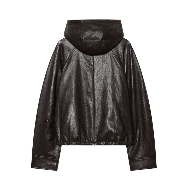 Women's Short Hooded Leather Look Bomber Jacket with Drawstring Hem Amarae