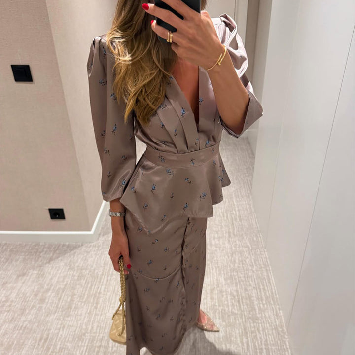 Women's satin two-piece set with tailored peplum top, deep V-neckline and button-up midi skirt Amarae