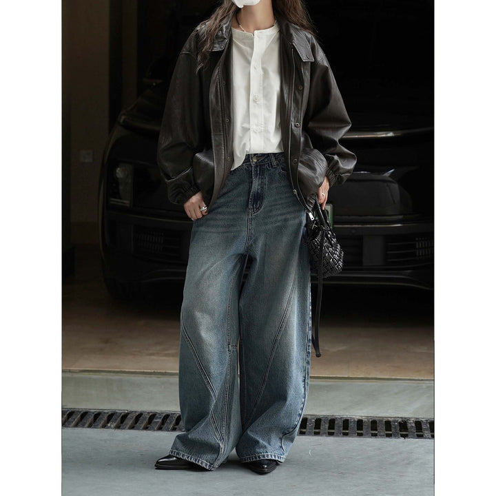 Women's High-Waisted Baggy Denim Pants with Curved Seam Details Amarae