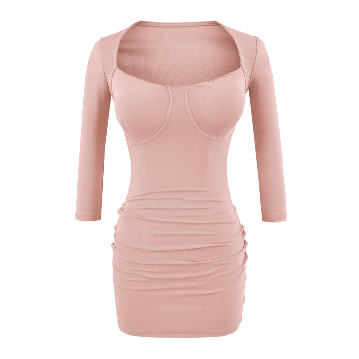 Ladies fitted midi dress with sewn-in cups, wide square neckline and gathering around