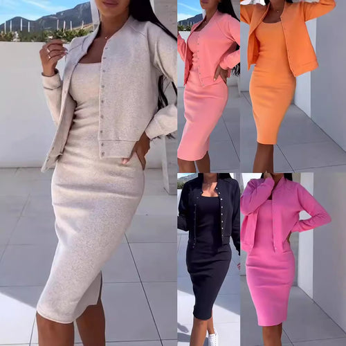 Women fashionable sweatshirt dress and chic jacket