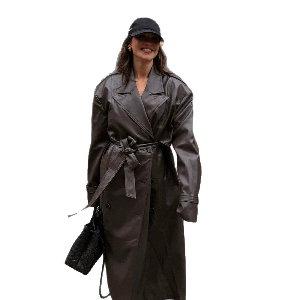 Ladies Maxilength Oversize Faux Leather Trench Coat with Wide Lapels and Waist Belt Amarae