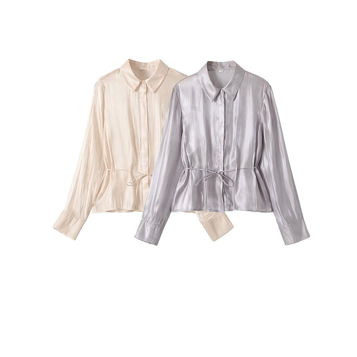 Ladies silk matte tailored shirt blouse with drawstring and concealed button placket Amarae