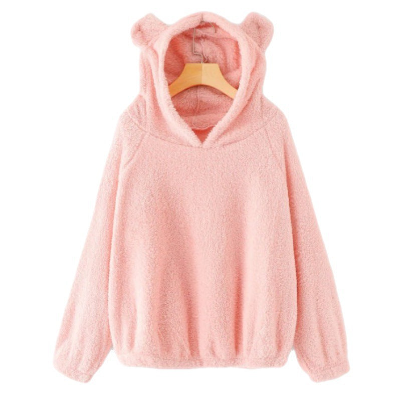 Women's Cozy Teddy Hooded Sweater with Bear Ears and Drawstring Hem Amarae