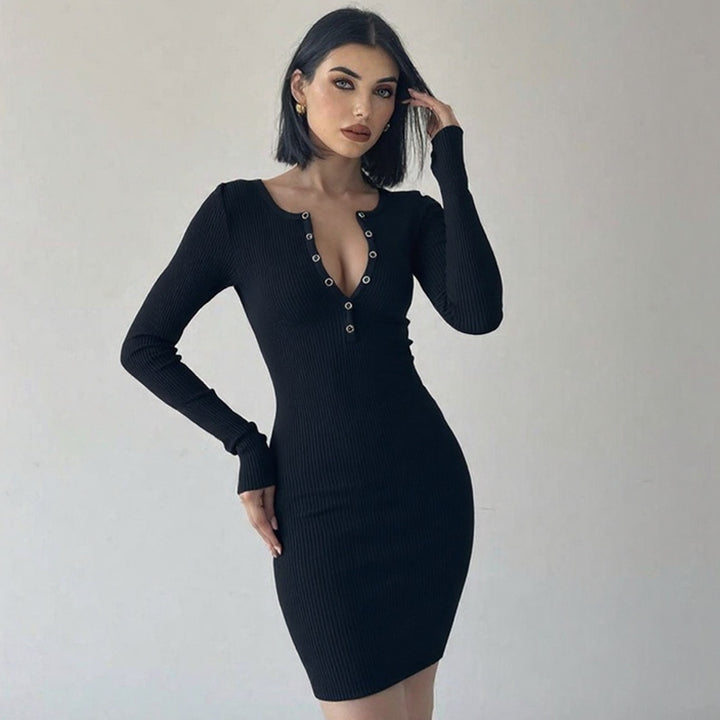 Fitted knitted dress for ladies with button placket and deep V-neck Lune London