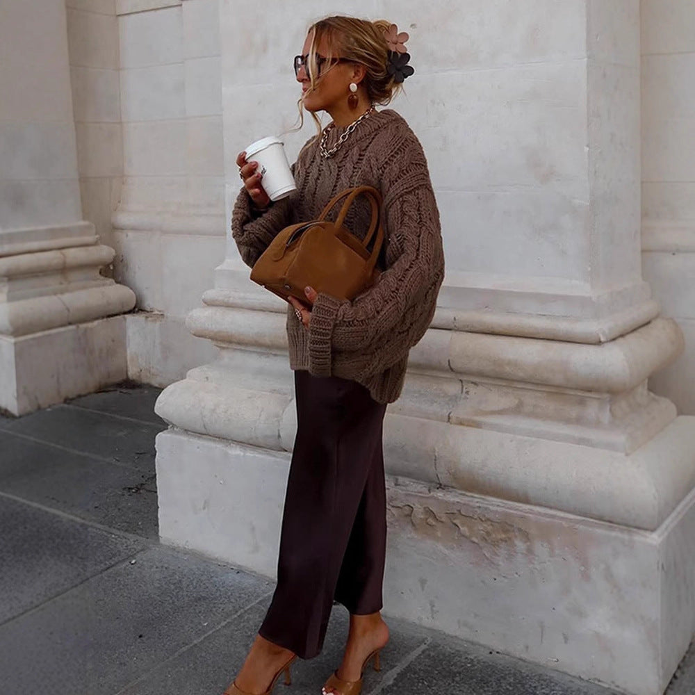 Women's Oversize Chunky Knit Sweater with Cable Knit, High Collar and Extended Sleeves Amarae