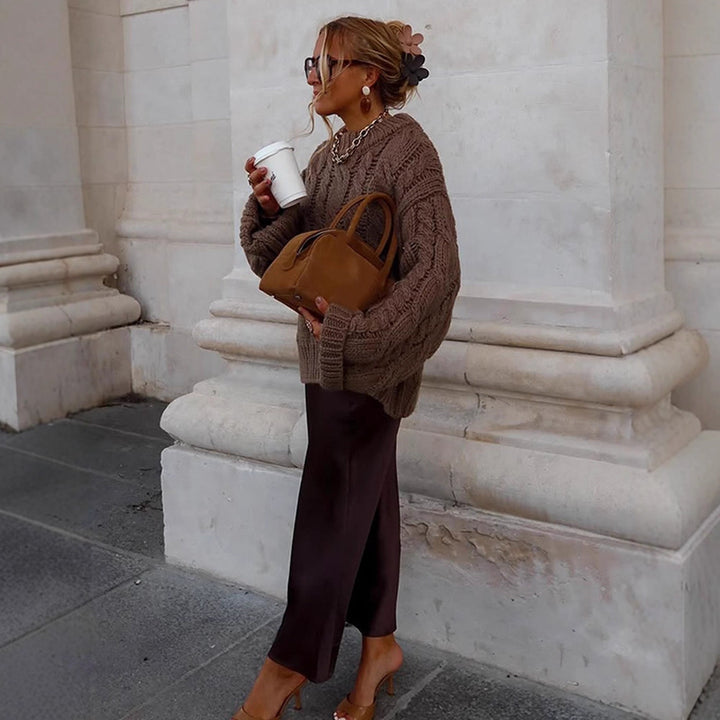 Women's Oversize Chunky Knit Sweater with Cable Knit, High Collar and Extended Sleeves Amarae