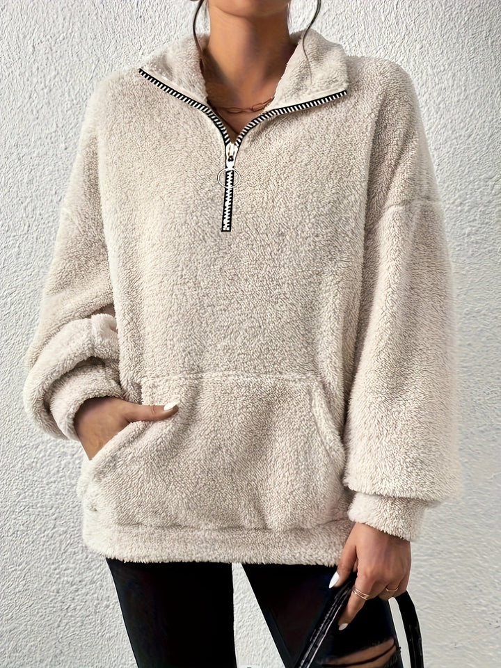 Women's Cozy Fleece Pullover with Half Zipper and Side Pockets Lune London