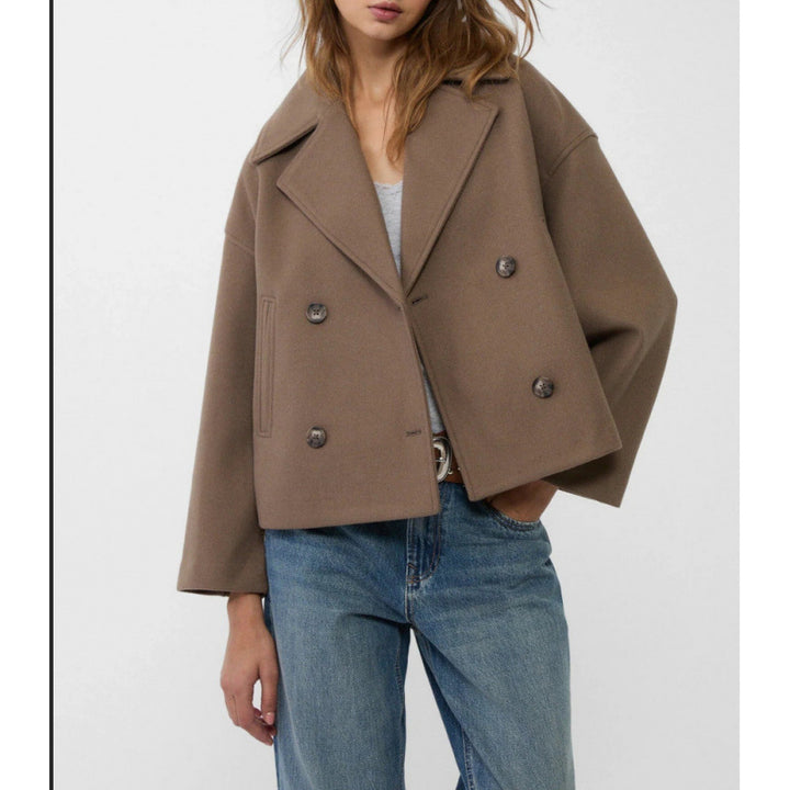Women's Short Double-Breasted Wool Blend Peacoat with Oversized Lapels Amarae