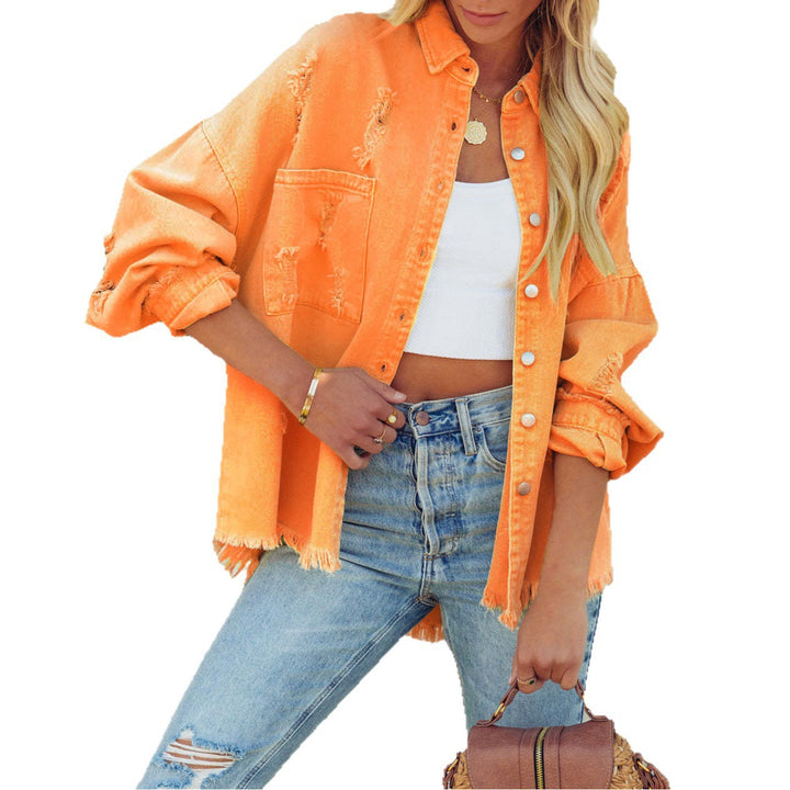 Women's Casual Oversized Denim Jacket with Frayed Edges and Decorative Buttons Lune London