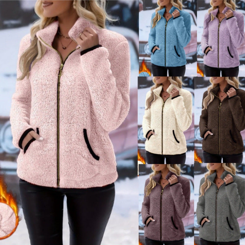 Women's thermal sherpa fleece jacket with stand-up collar, contrast edges and ring zipper Amarae