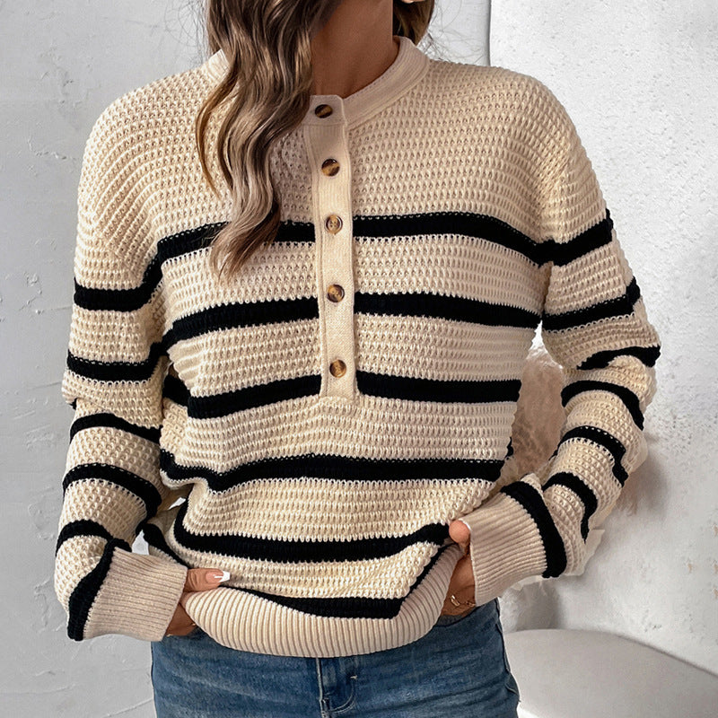 Striped women's sweater with button placket in textured wool Lune London