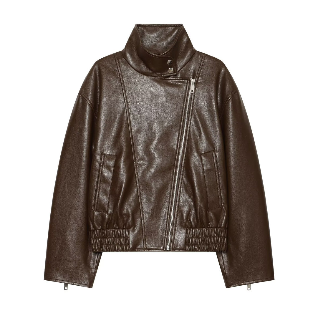 Women tailored leather-look biker jacket with high funnel collar Amarae