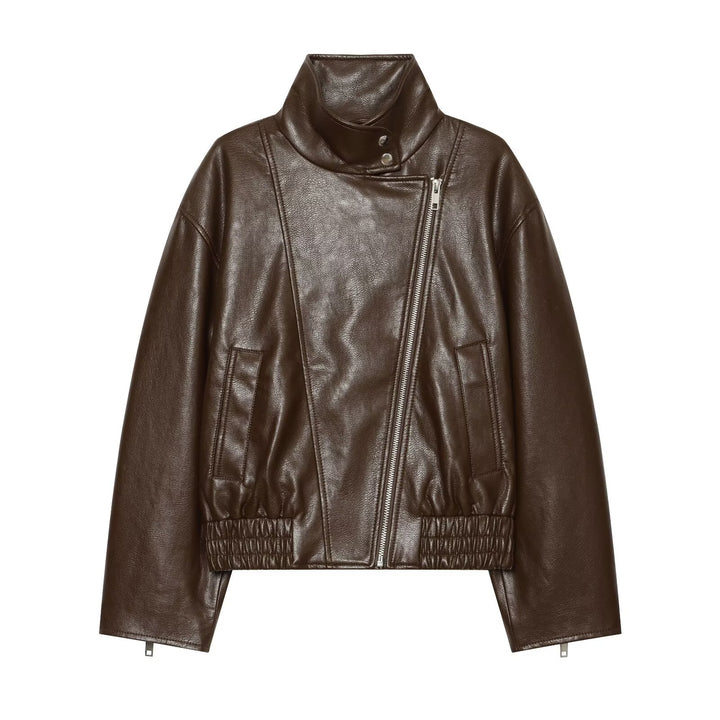 Women tailored leather-look biker jacket with high funnel collar Amarae