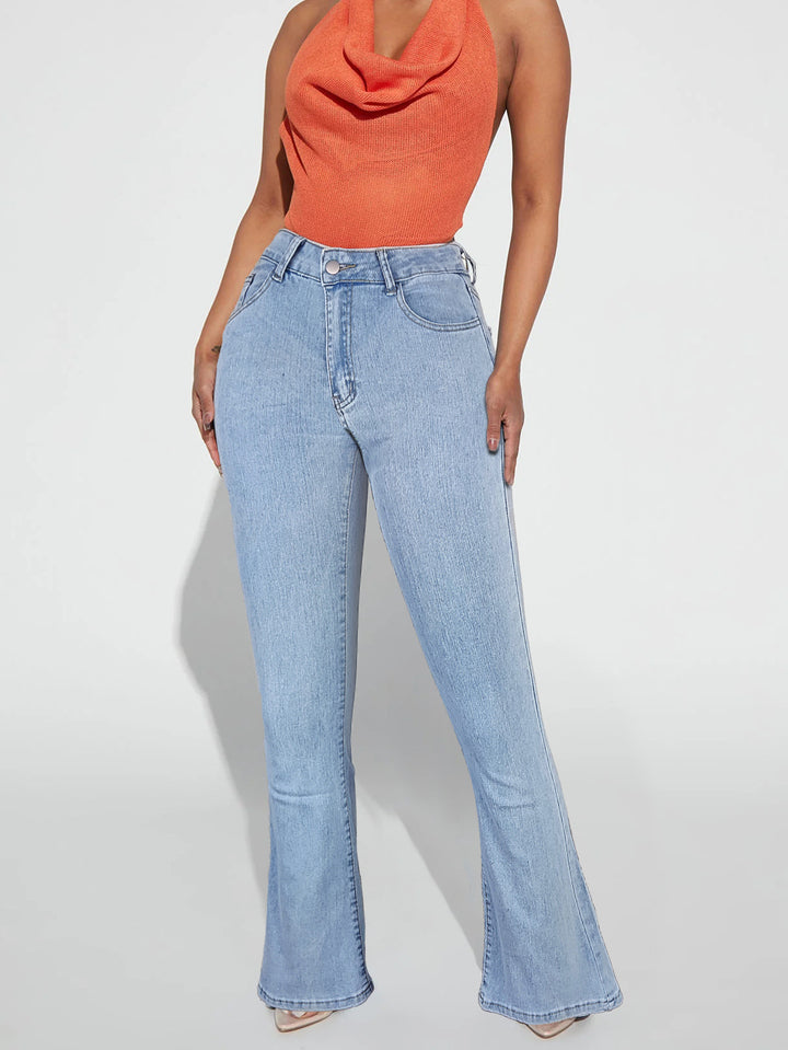Women's high-waisted flared jeans with daisy embroidery and shaping cut Amarae