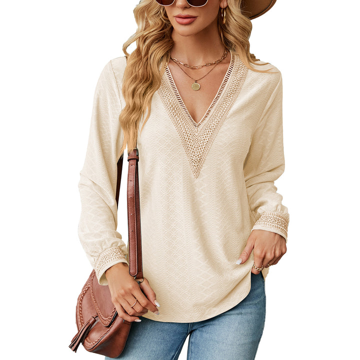 Long sleeve blouse shirt for women with decorative V-neck and crochet elements Lune London