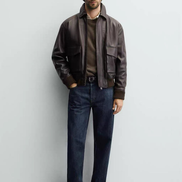 Men's smooth leather blouson in pilot style with shirt collar and patch flap pockets Amarae