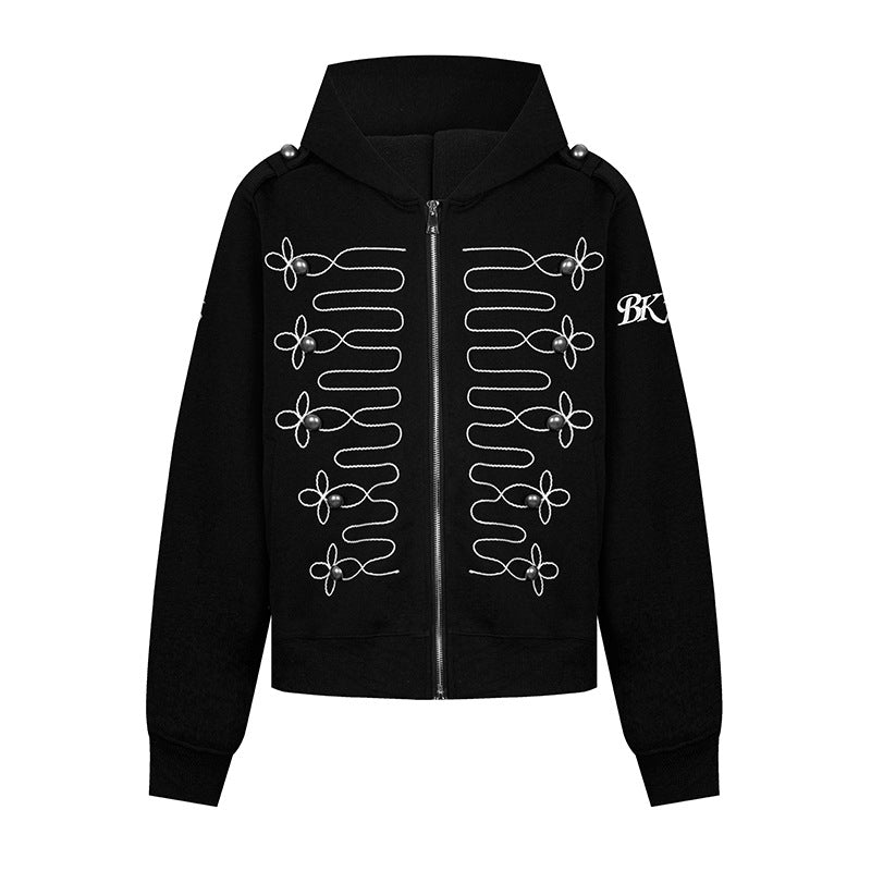 Women's hooded sweatshirt jacket with decorative frogging embroidery and pearl buttons Amarae