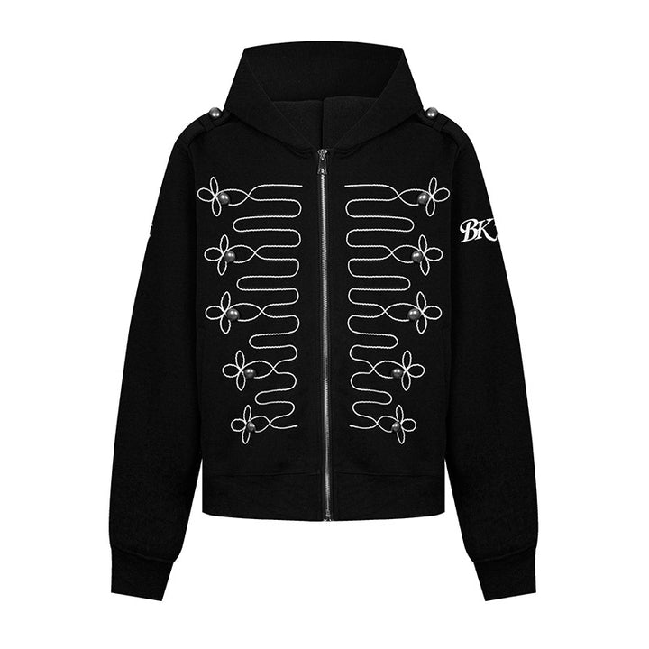 Women's hooded sweatshirt jacket with decorative frogging embroidery and pearl buttons Amarae