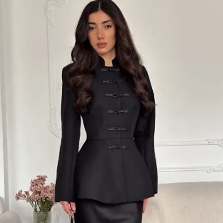 Women's Tailored Peplum Jacket with Stand Collar and Decorative Toggle Fasteners Amarae