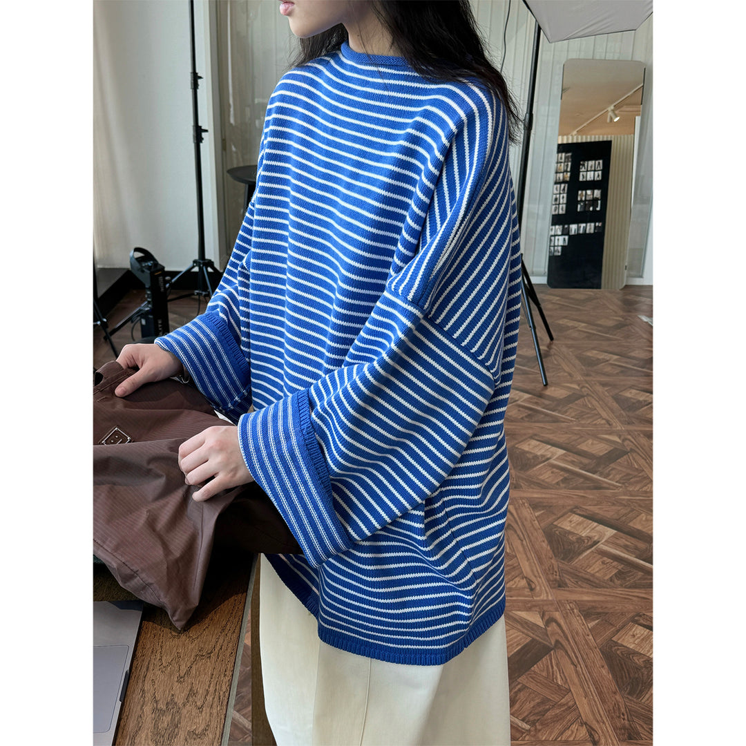 Women's Striped Oversize Knit Sweater with Short Stand-Up Collar Amarae