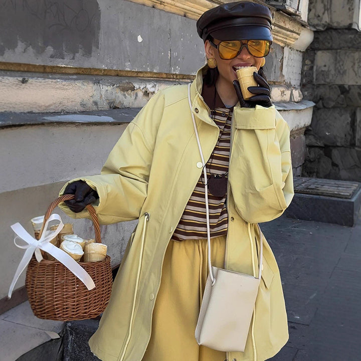Women's Oversize Rain Jacket with Drawstring Waist, High Stand-Up Collar & Flap Pockets Amarae