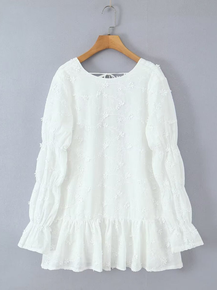 Airy tunic dress for women with floral embroidery and lace hem Lune London