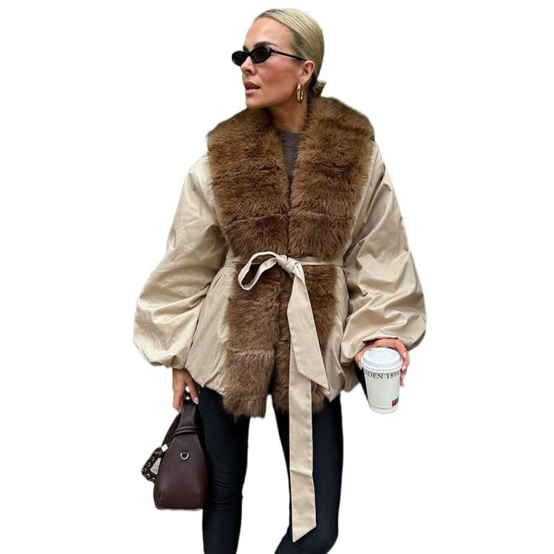 Women Short Tailored Jacket with Fur Collar and Balloon Sleeves Amarae