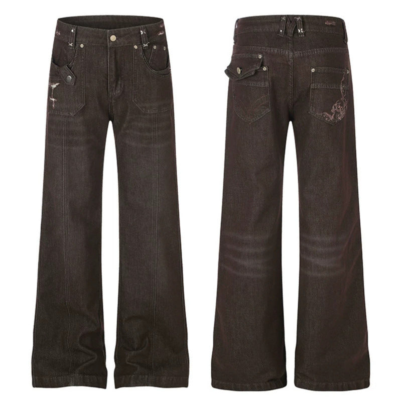 Women's Wide High-Waist Denim Trousers with Straight Leg and Utility Patch Pockets Amarae