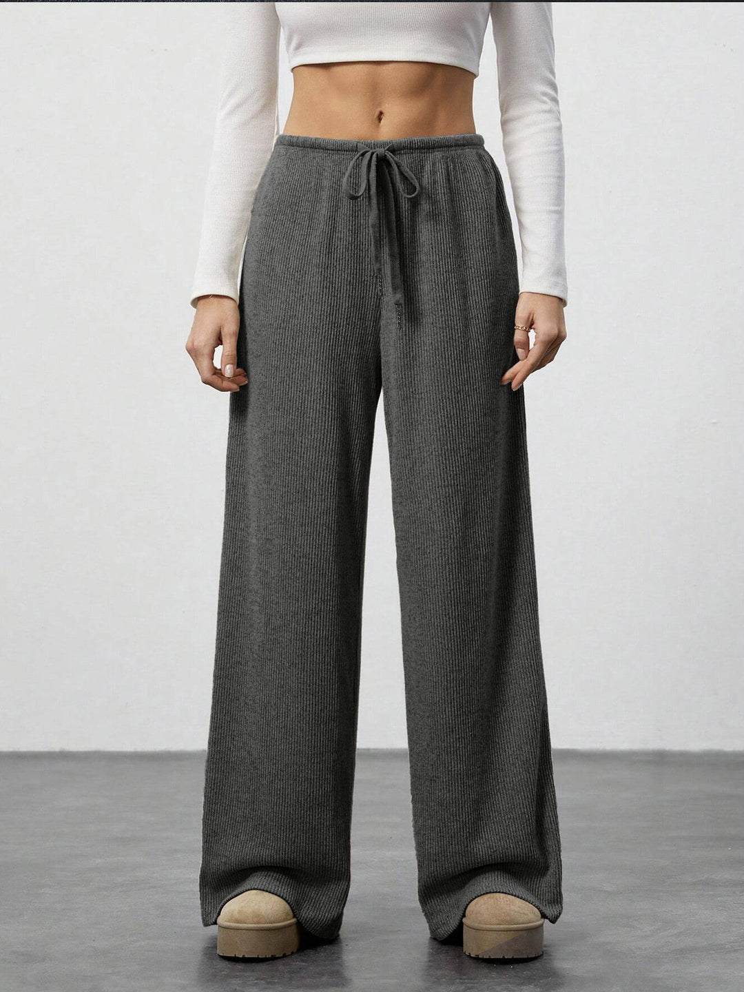 Wide-leg knitted trousers for women with elastic waistband and drawstring Lune London