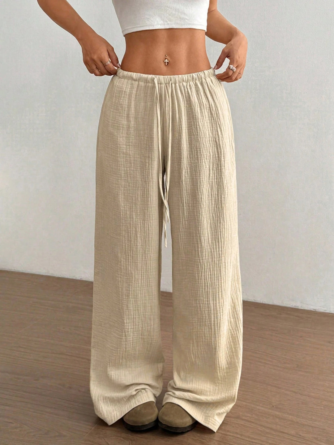 Women Lightweight Linen Look Pants with Wide Leg, Elastic Waistband and Drawstring Amarae