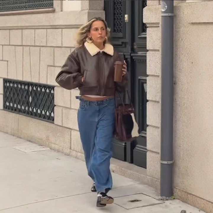 Ladies Oversized Pilot Jacket in Biker Bomber Style with Teddy Collar Amarae