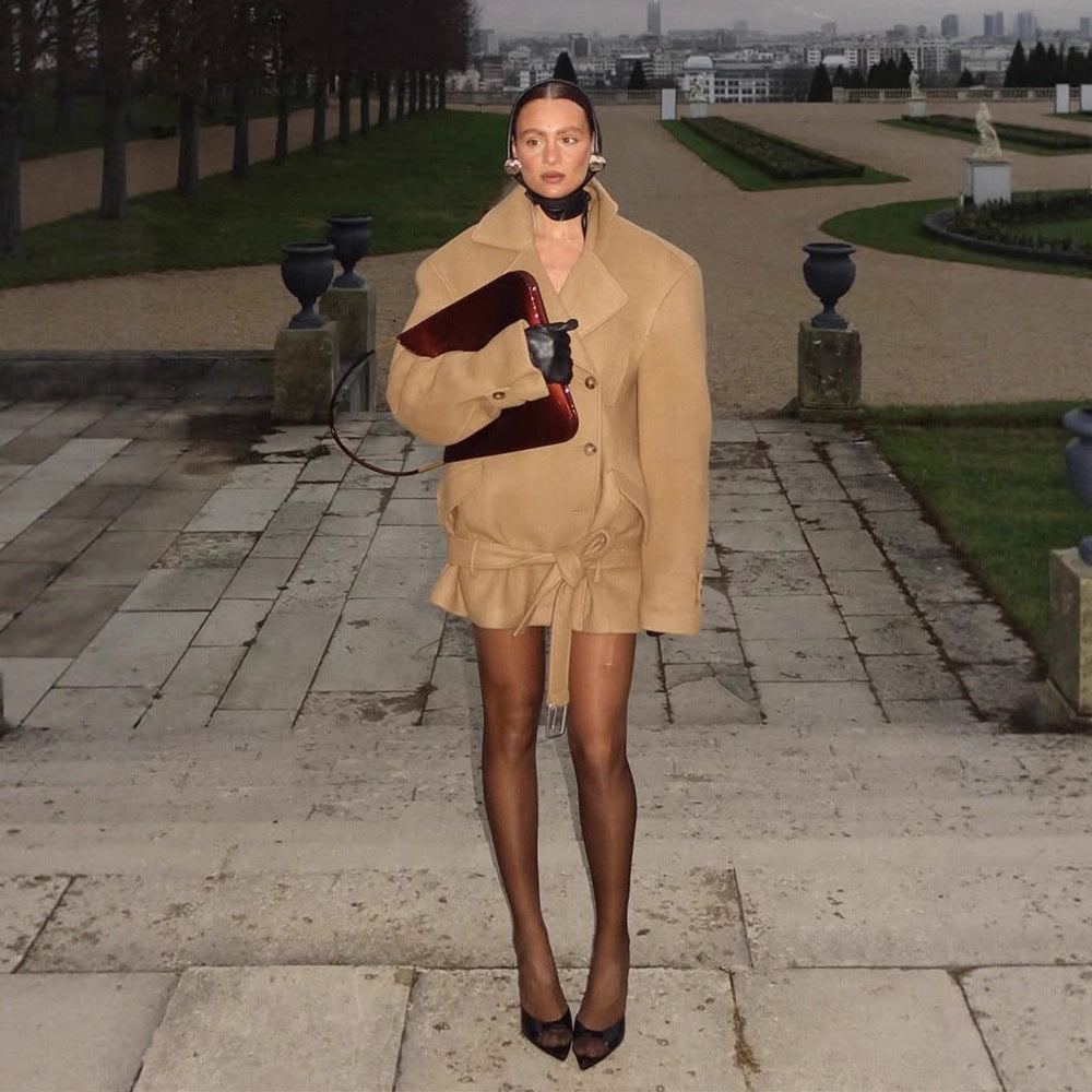 Women Tailored Wool Blend Short Coat with Tie Belt, Wide Lapels and Button Cuffs Amarae