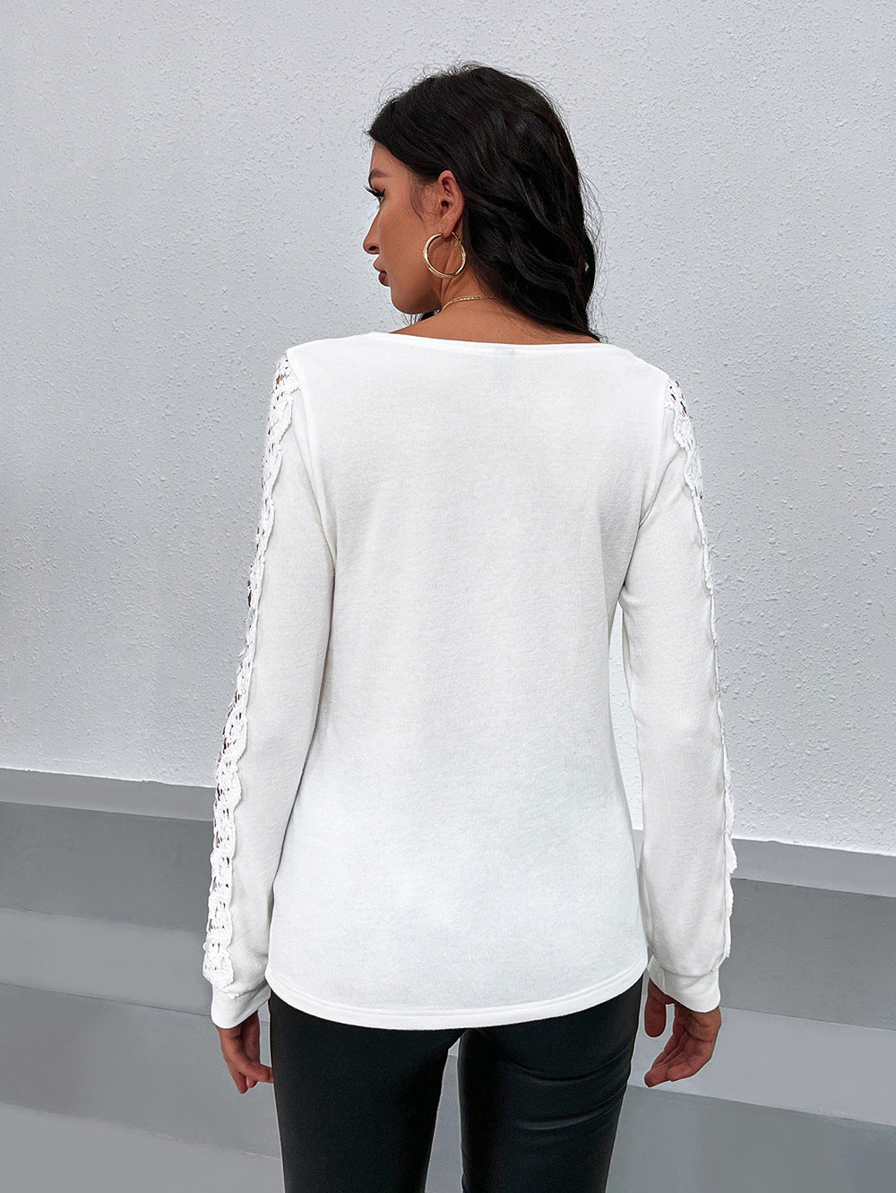 Ladies Elegant Top with Lace Sleeves and Chic V Neck