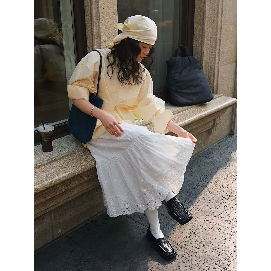 Ladies Long Tiered Ruffle Skirt made of Cotton Embroidery with Lace Edge Amarae