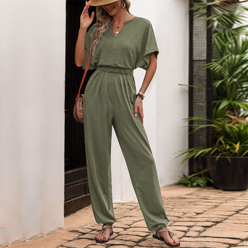 Ladies Elegant V Neck Jumpsuit with Elastic Waist and Wide Legs Lune London