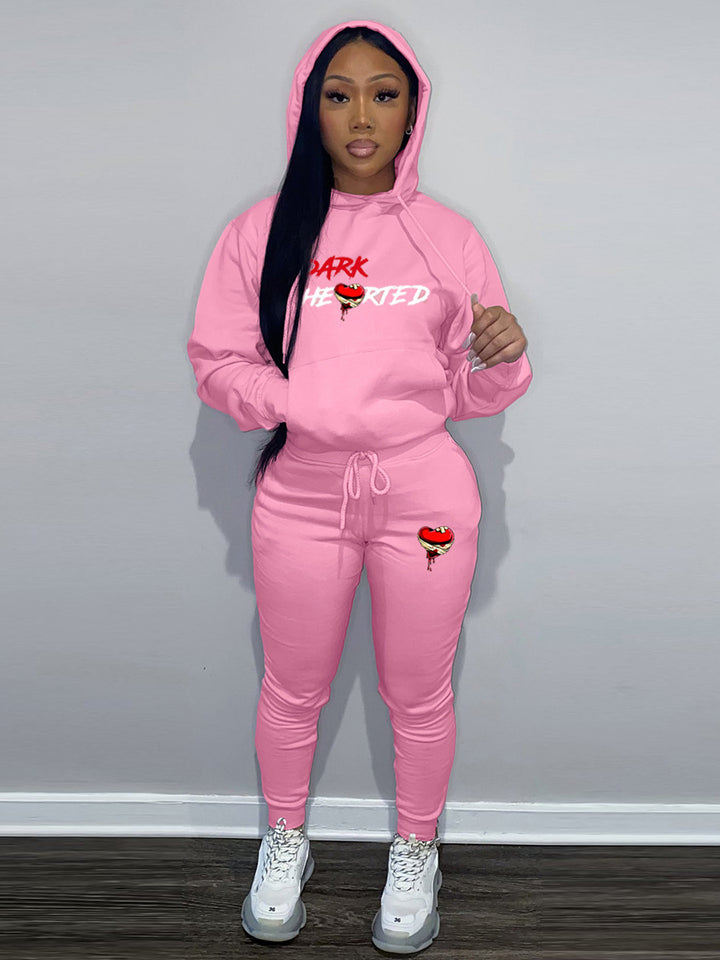 Ladies Hoodie and Jogging Pants Set with Creative Heart Pattern Amarae