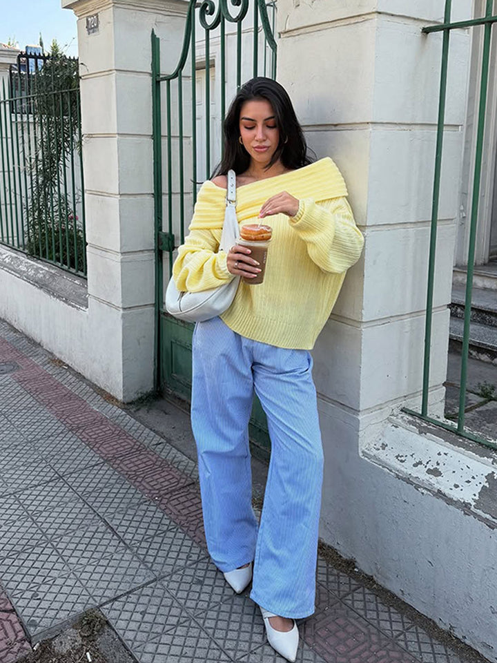 Women Off-Shoulder Ribbed Knit Sweater with Wide Folded Collar Amarae