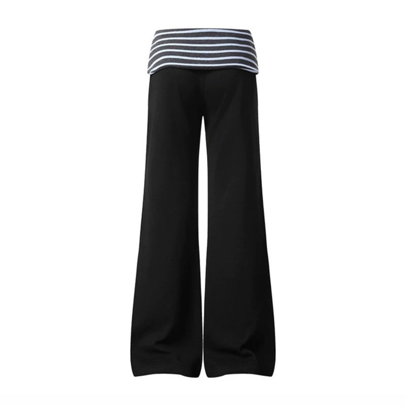 Women's Wide Loungewear Pants with Cuffable Striped Waistband and Decorative Buttons Amarae